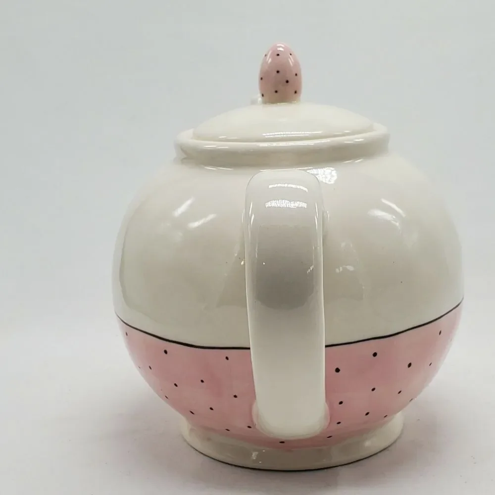 Rae‎ Dunn by Magenta POUR Teapot Polka Dot Pink Typewriter Font